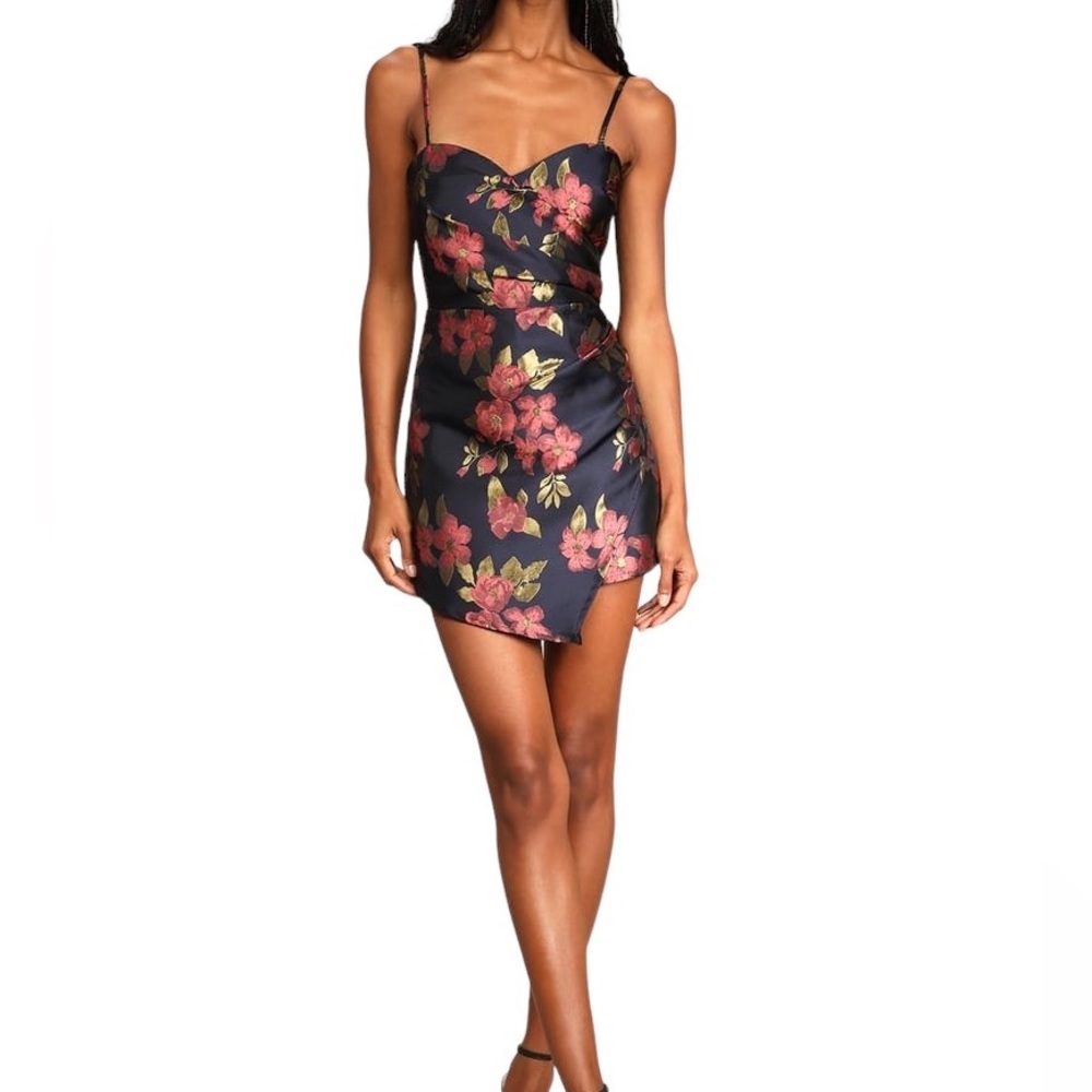 Navy Blue Floral Jacquard Skort Romper